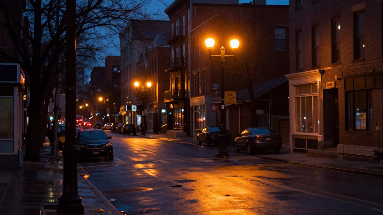 Toronto Predawn Street Scene with Sodium Lamps and Urban Details in in Toronto, Ontario, Canada