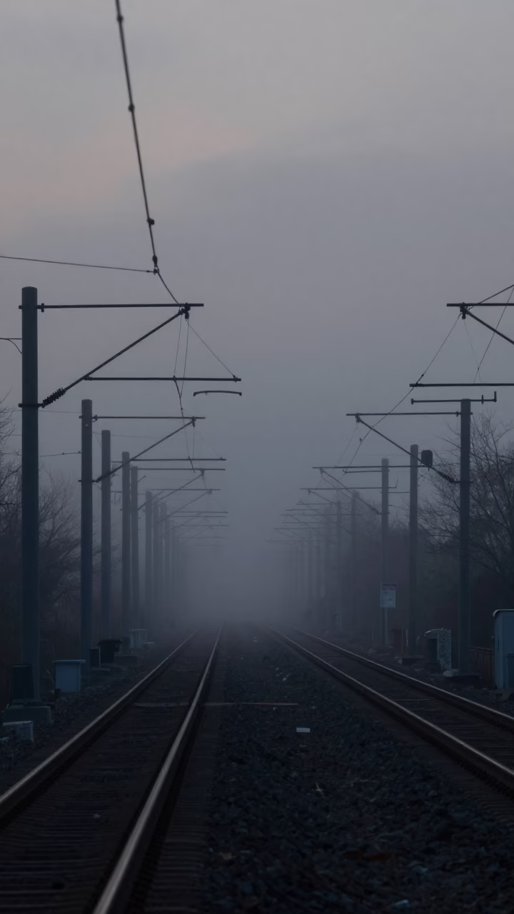Toronto Rail Catenary System Receding Through Industrial Fog in Predawn Darkness in in Toronto, Ontario, Canada