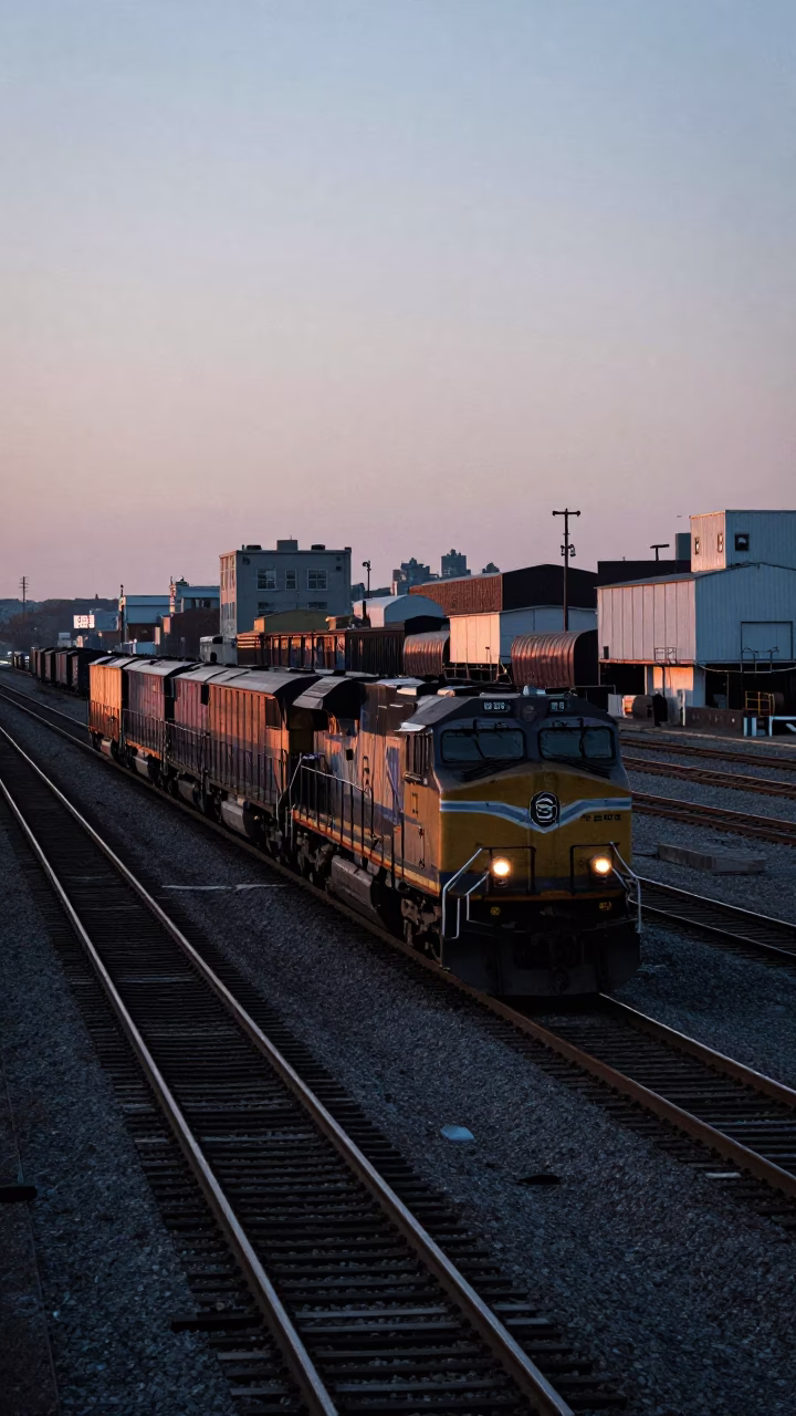 Toronto Railway Yards at Dawn with Freight Train and Early Morning Mist in in Toronto, Ontario, Canada
