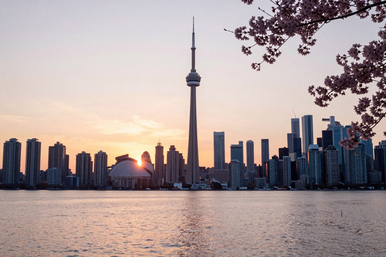 Toronto Skyline at Sunset with Cherry Blossoms and Lake Shore Path in in Toronto, Ontario, Canada