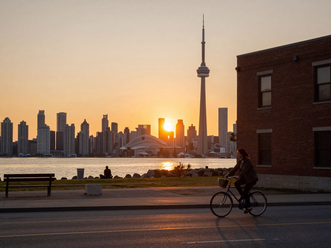 Toronto Skyline at Sunset with Vintage Street Scene and Cyclist in in Toronto, Ontario, Canada