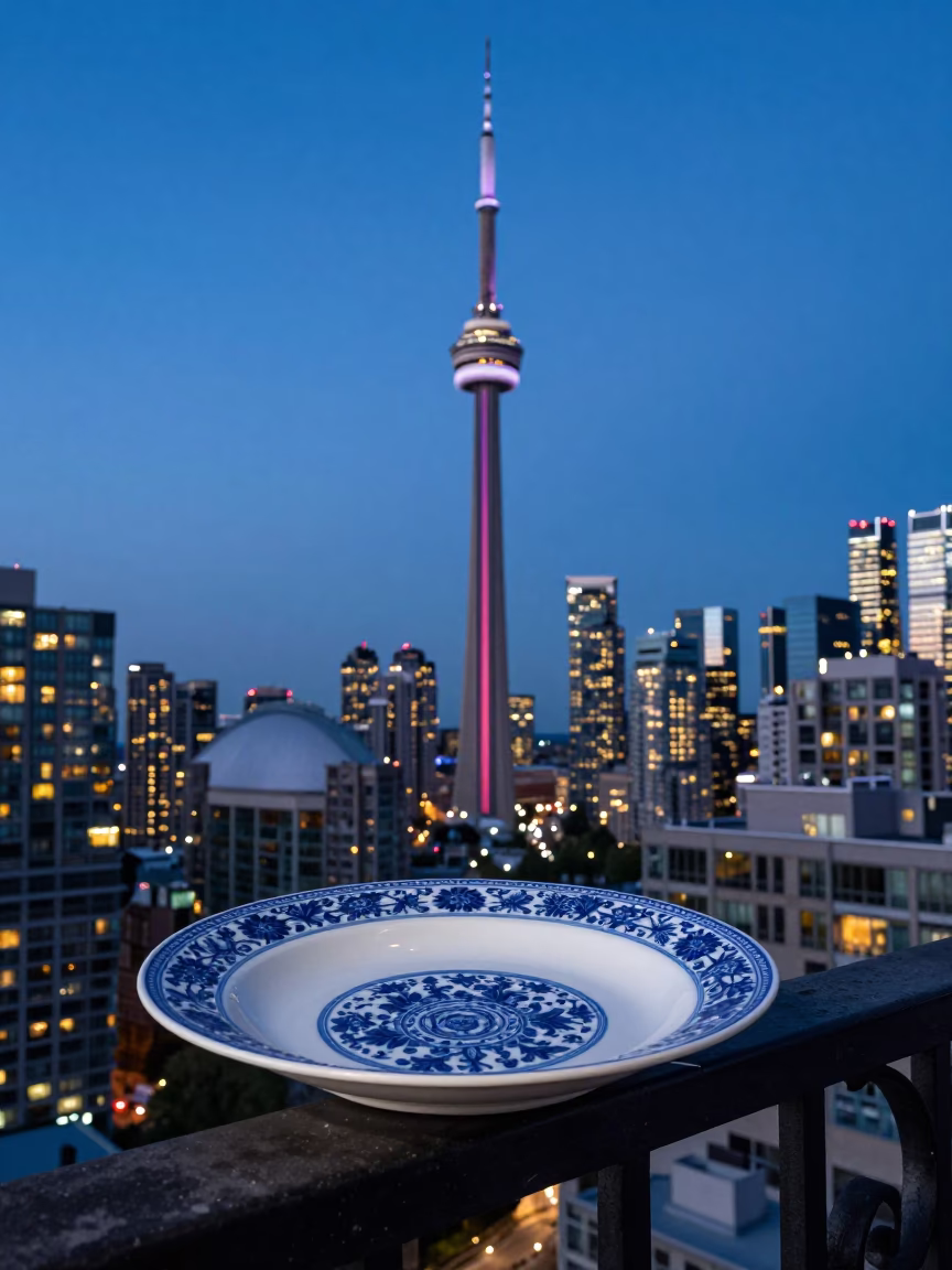 Toronto Skyline Twilight View with Blue and White Porcelain Plate on Balcony in in Toronto, Ontario, Canada