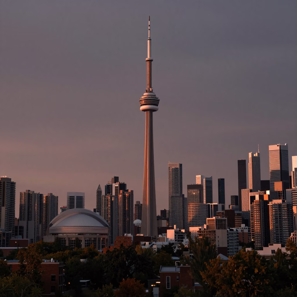 Toronto Skyline View at Copper-toned Light Before Dusk in in Toronto, Ontario, Canada