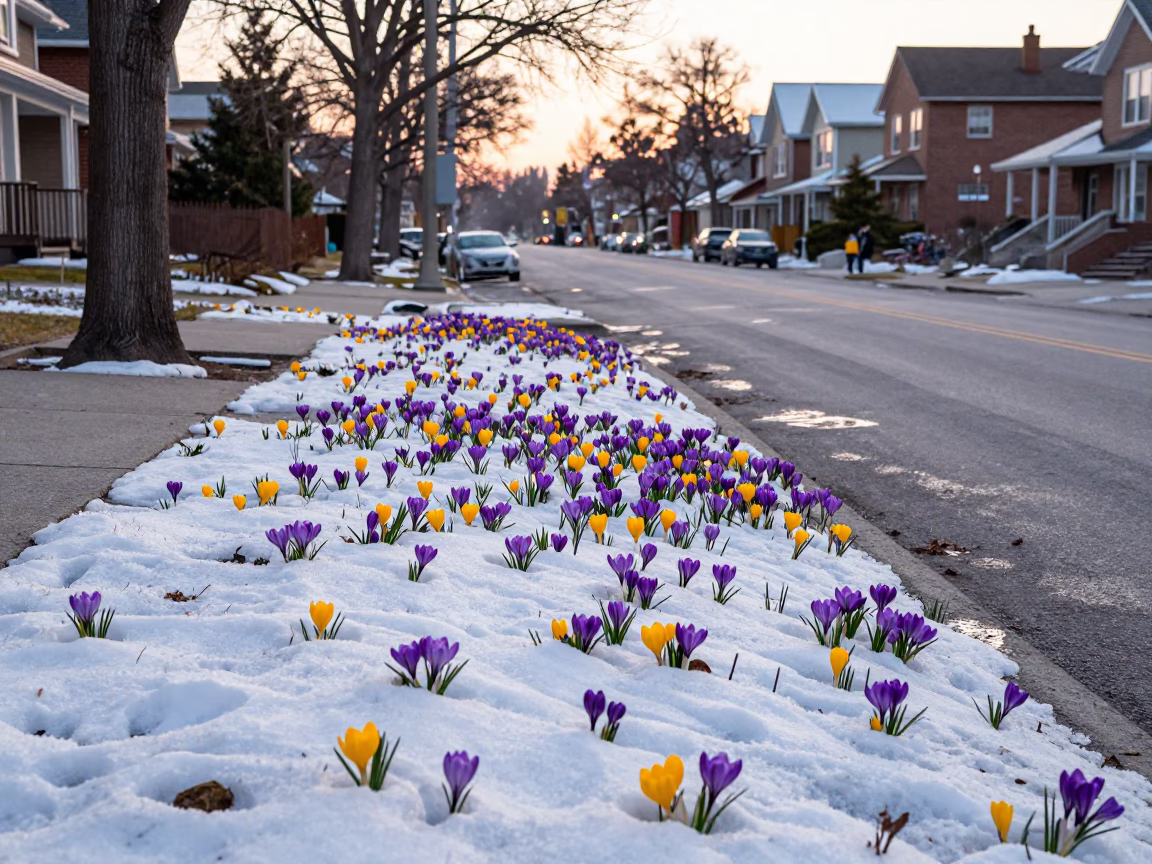 Toronto Spring Sunrise Crocus Snow Melt Street Scene in in Toronto, Ontario, Canada