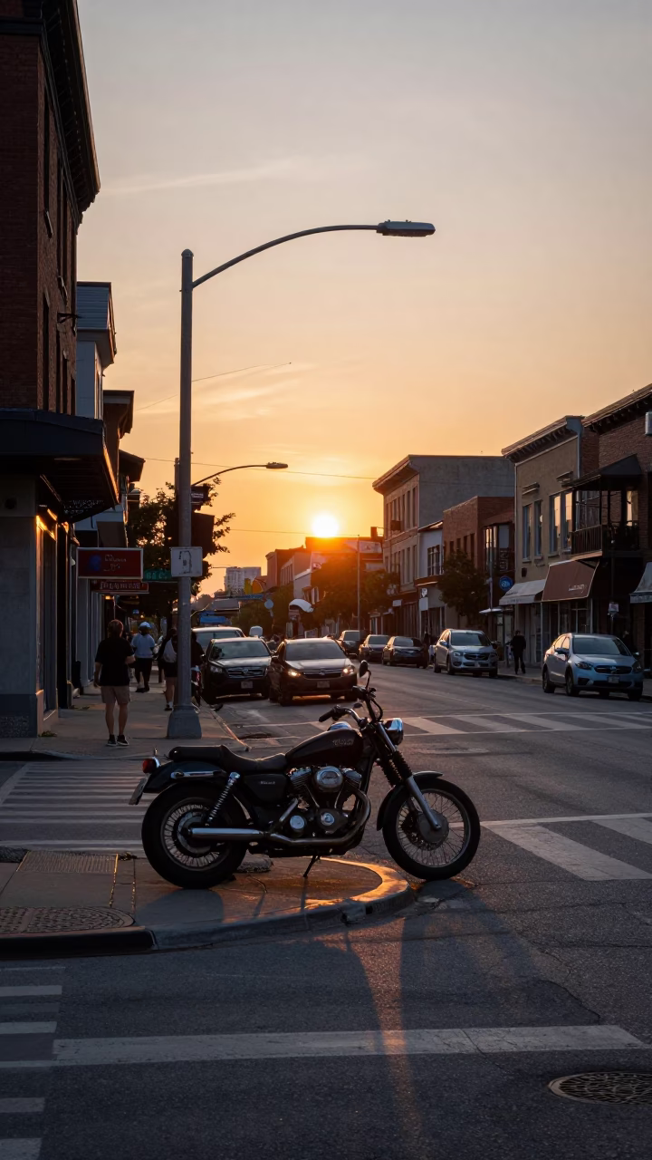 Toronto Street Corner at As The Sun Drops Toward The Horizon in in Toronto, Ontario, Canada