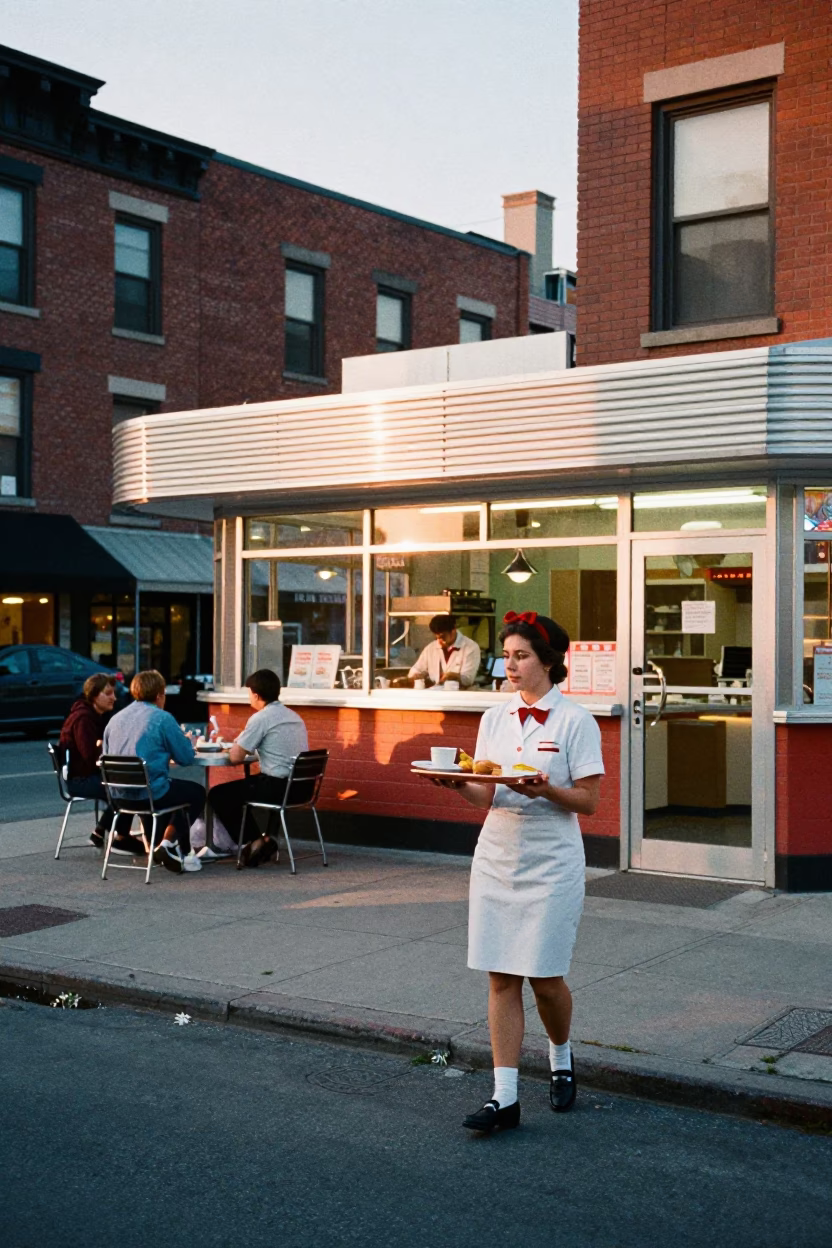Toronto street corner at dawn with vintage diner service and morning newspaper in in Toronto, Ontario, Canada