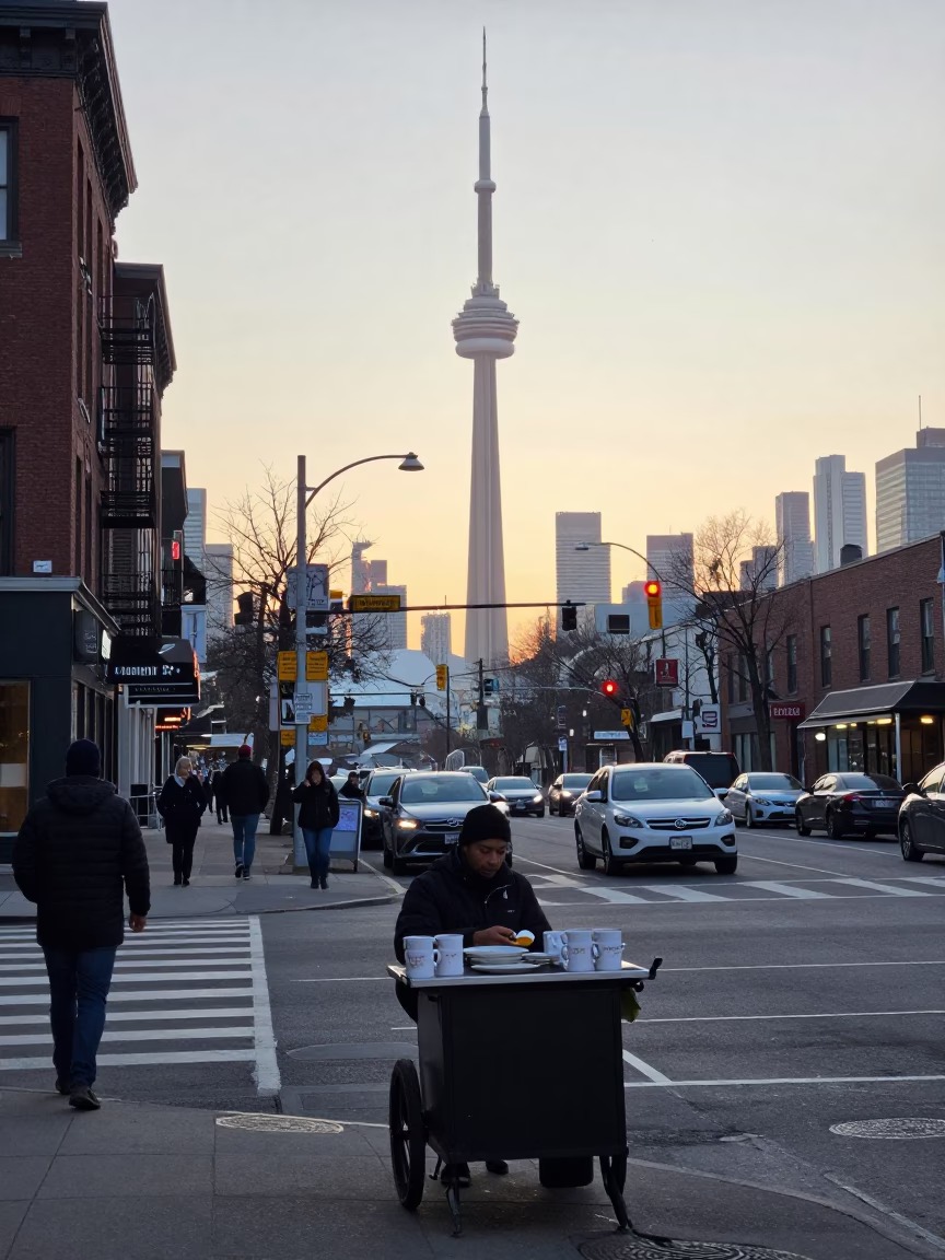 Toronto Street Corner Breakfast Stop with Coffee Mugs and Urban Morning Light in in Toronto, Ontario, Canada