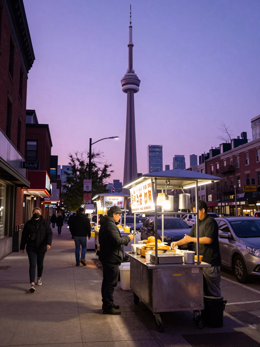 Toronto Street Food Scene at Twilight with Fish and Chips in Newspaper in in Toronto, Ontario, Canada