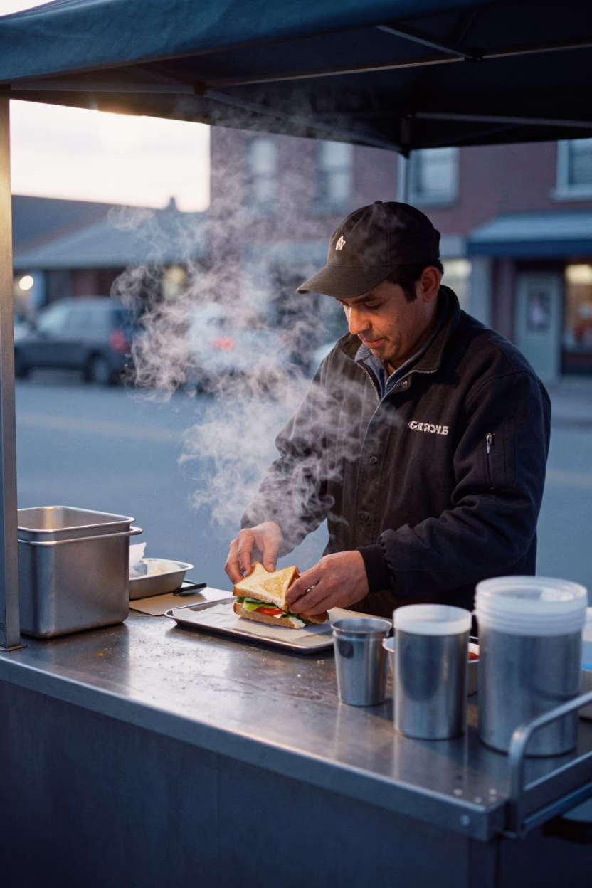 Toronto Street Food Vendor Preparing Breakfast Sandwiches Before Dawn in Ontario in in Toronto, Ontario, Canada