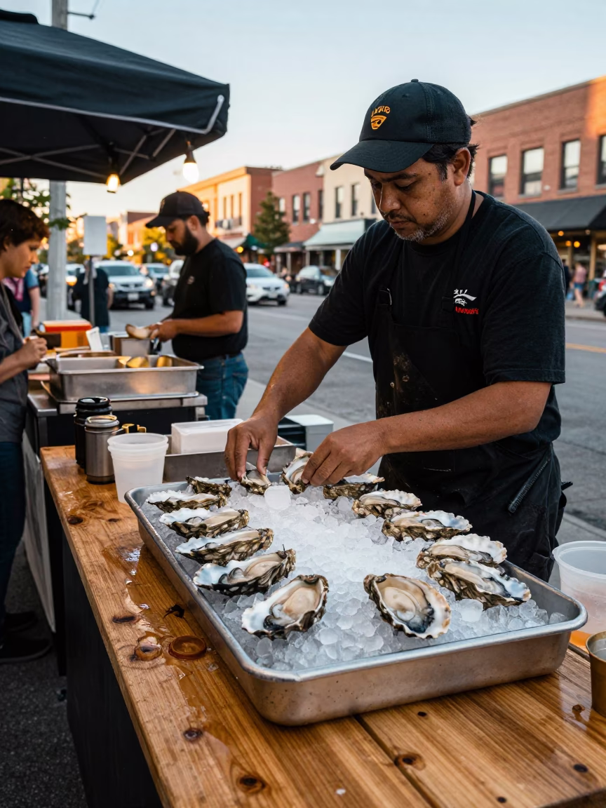 Toronto street food vendor serving fresh oysters on ice in late afternoon sunlight in in Toronto, Ontario, Canada