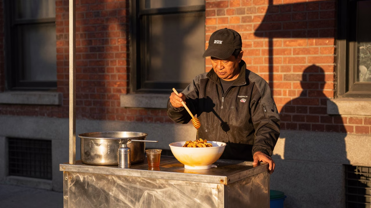 Toronto Street Food Vendor with Thukpa Bowl in Honeyed Evening Light in in Toronto, Ontario, Canada