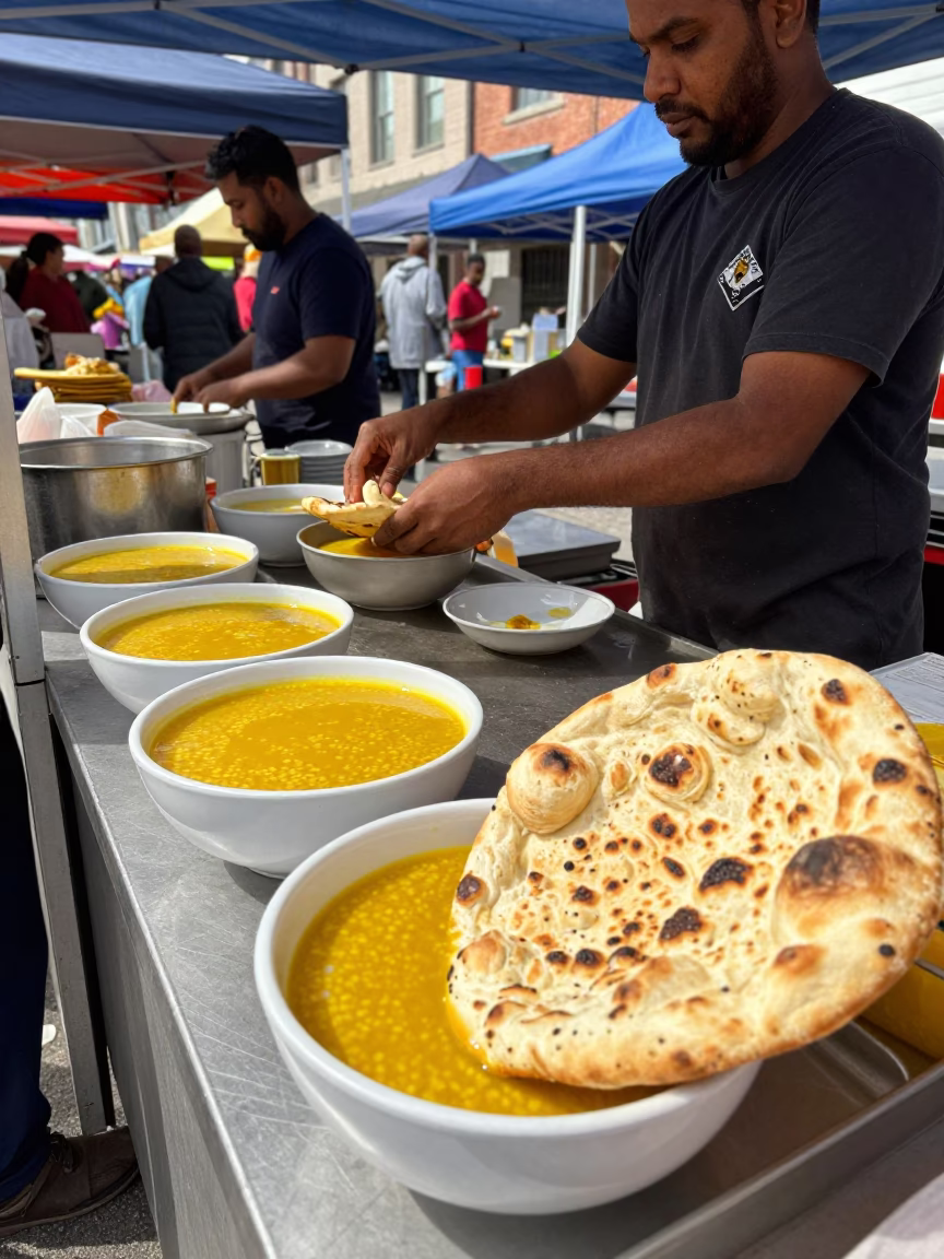 Toronto Street Market Stall with Dal and Naan in Bright Midmorning Light in in Toronto, Ontario, Canada