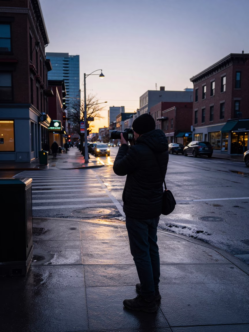 Toronto Street Photographer Capturing Dawn Light on City Corner in in Toronto, Ontario, Canada