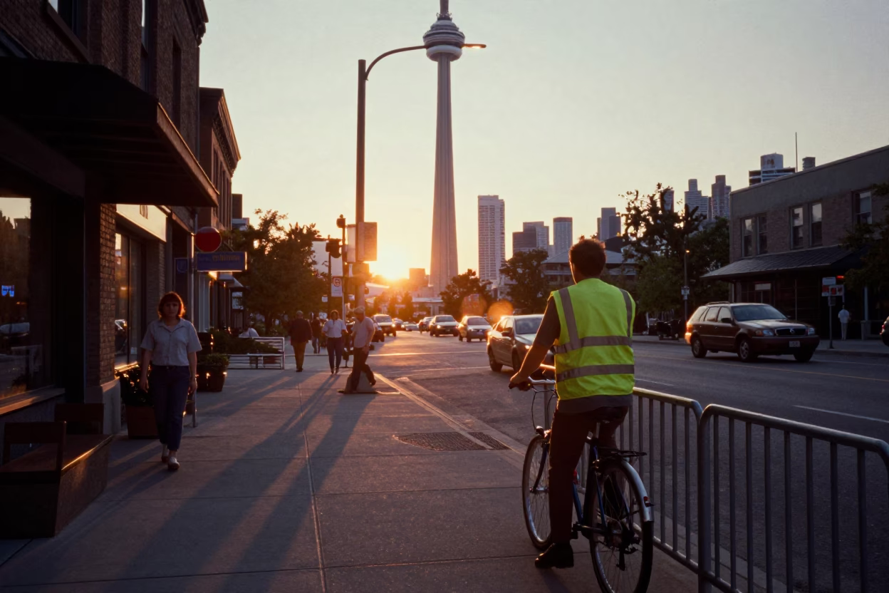 Toronto street photography at dusk with CN Tower and urban details in in Toronto, Ontario, Canada