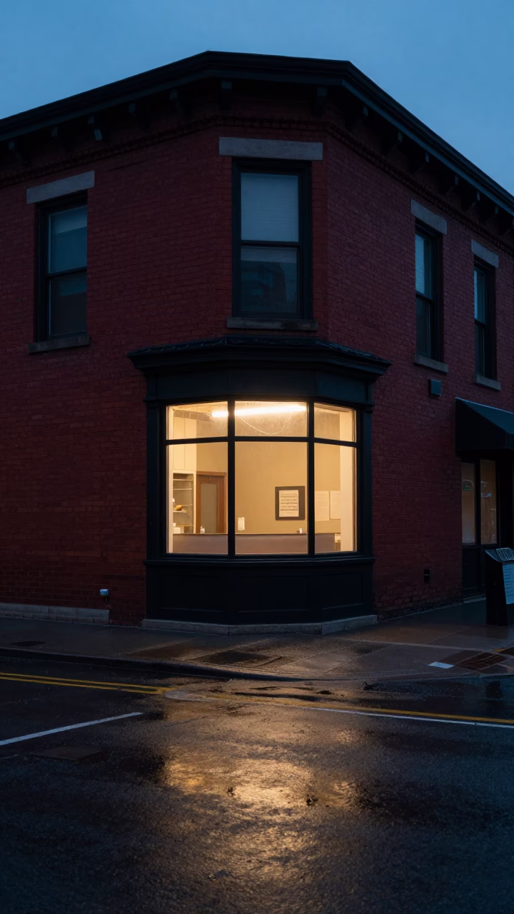 Toronto Street Photography at Predawn Light with Window Illumination and Urban Activity in in Toronto, Ontario, Canada