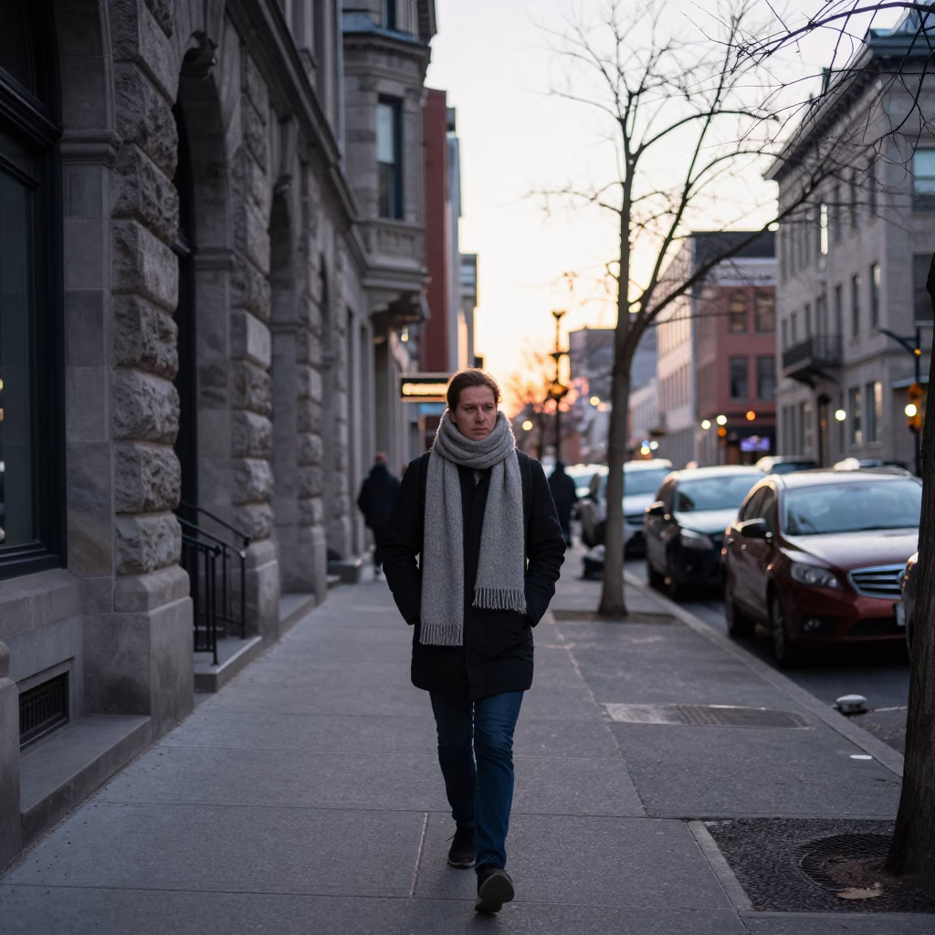 Toronto Street Scene at Dawn with Commuter Scarf and Urban Architecture in in Toronto, Ontario, Canada