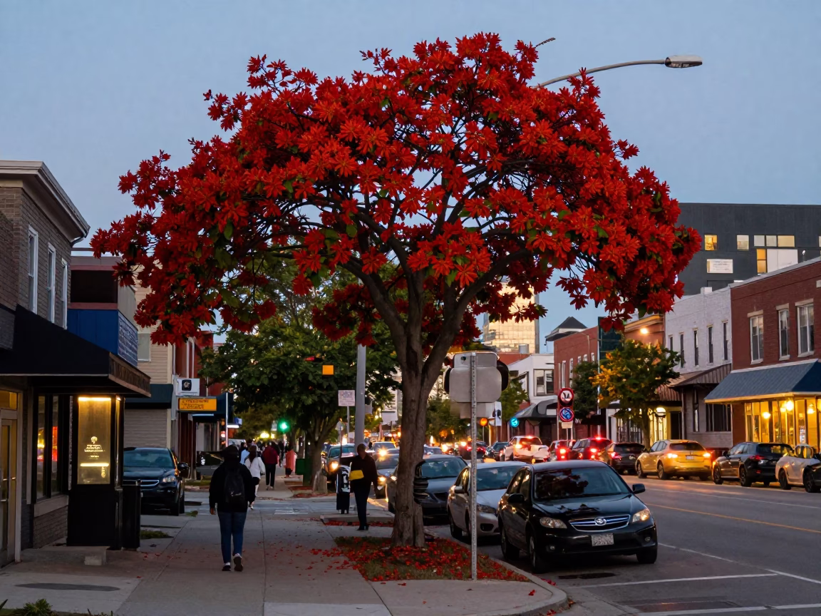 Toronto Street Scene at Dusk with Flame Tree and Metal Bucket in in Toronto, Ontario, Canada