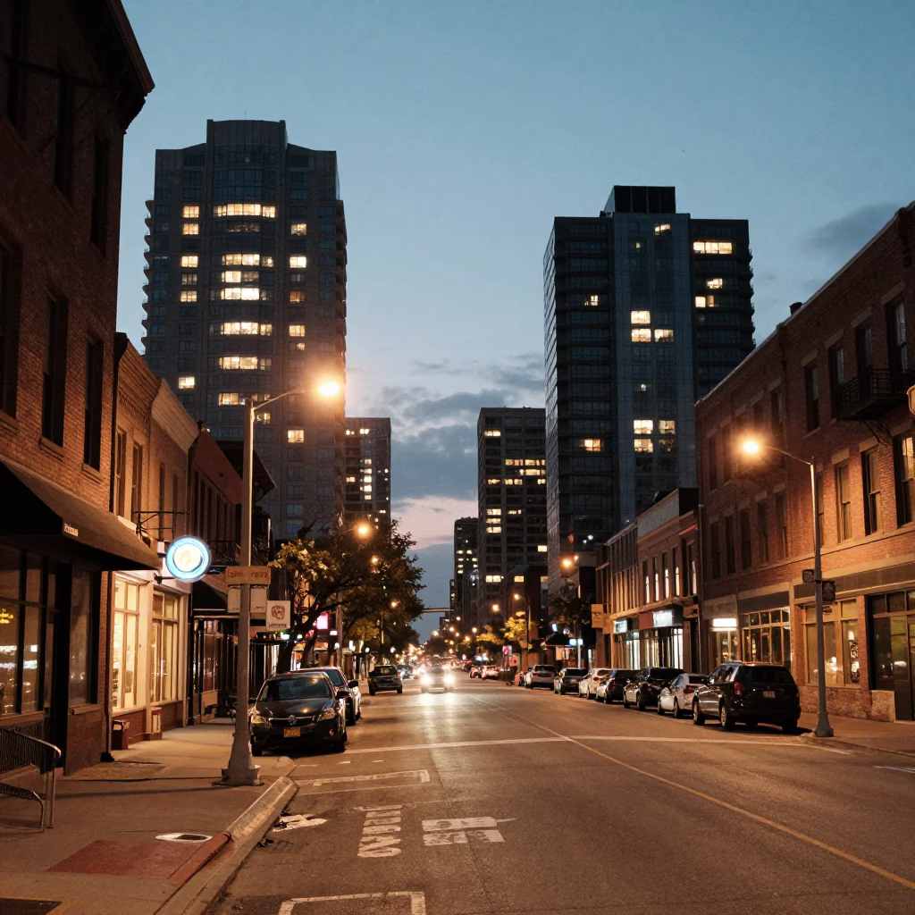 Toronto street scene at dusk with glowing city lights and vintage 1960s architecture in in Toronto, Ontario, Canada