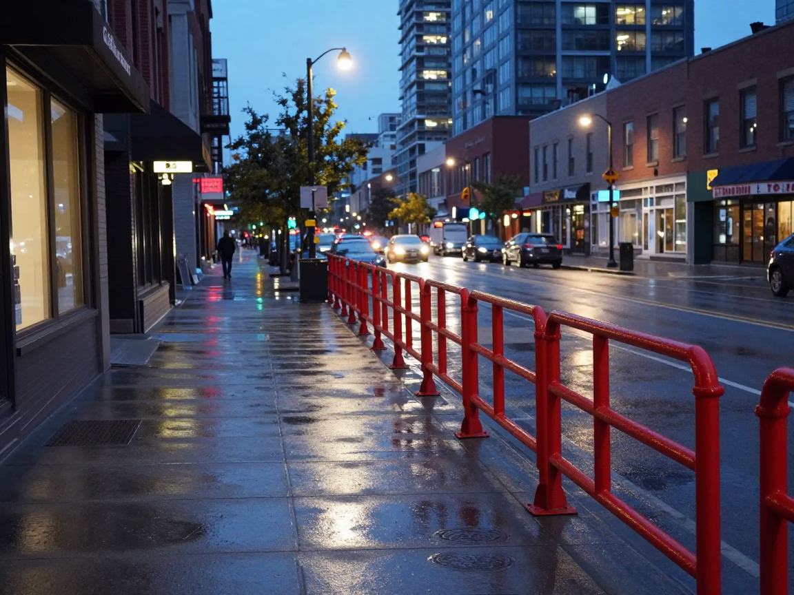 Toronto Street Scene at Dusk with Red Maintenance Railings and City Lights in in Toronto, Ontario, Canada