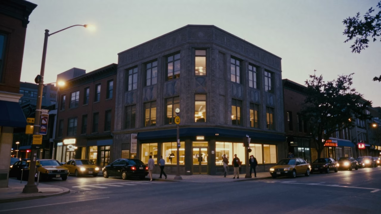 Toronto Street Scene at Dusk with Vintage 1970s Architecture and Local Life in in Toronto, Ontario, Canada