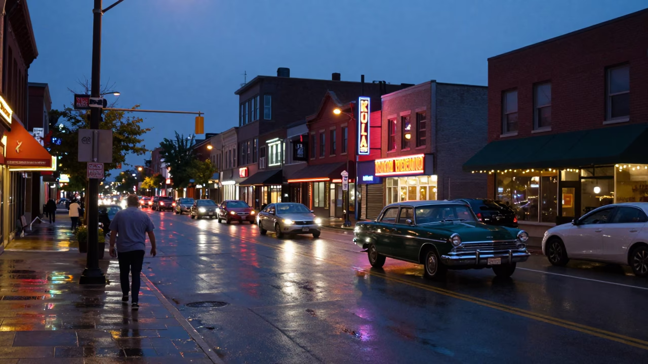 Toronto Street Scene at Dusk with Vintage Cars and City Lights in in Toronto, Ontario, Canada