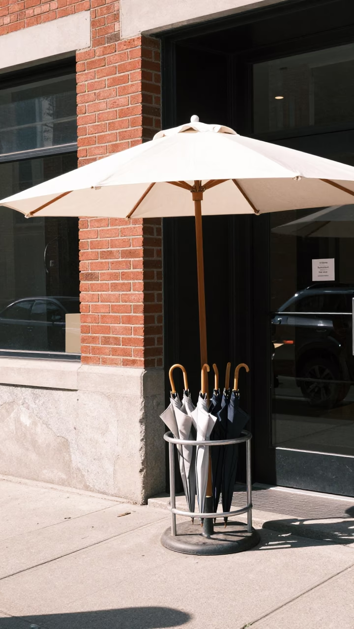 Toronto Street Scene at Midday with Umbrella Stand and Glass Reflections in in Toronto, Ontario, Canada