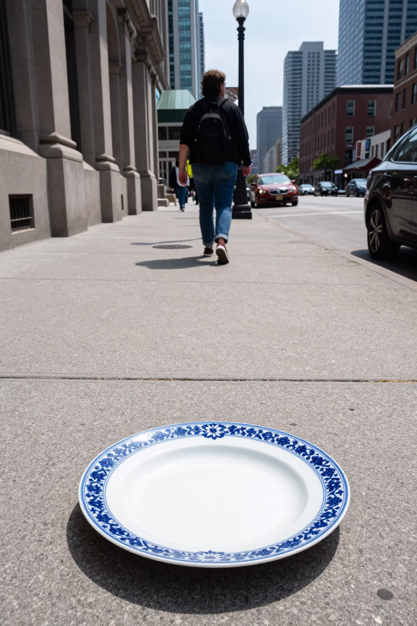 Toronto Street Scene at Noon with Blue Porcelain Plate and Twine in in Toronto, Ontario, Canada