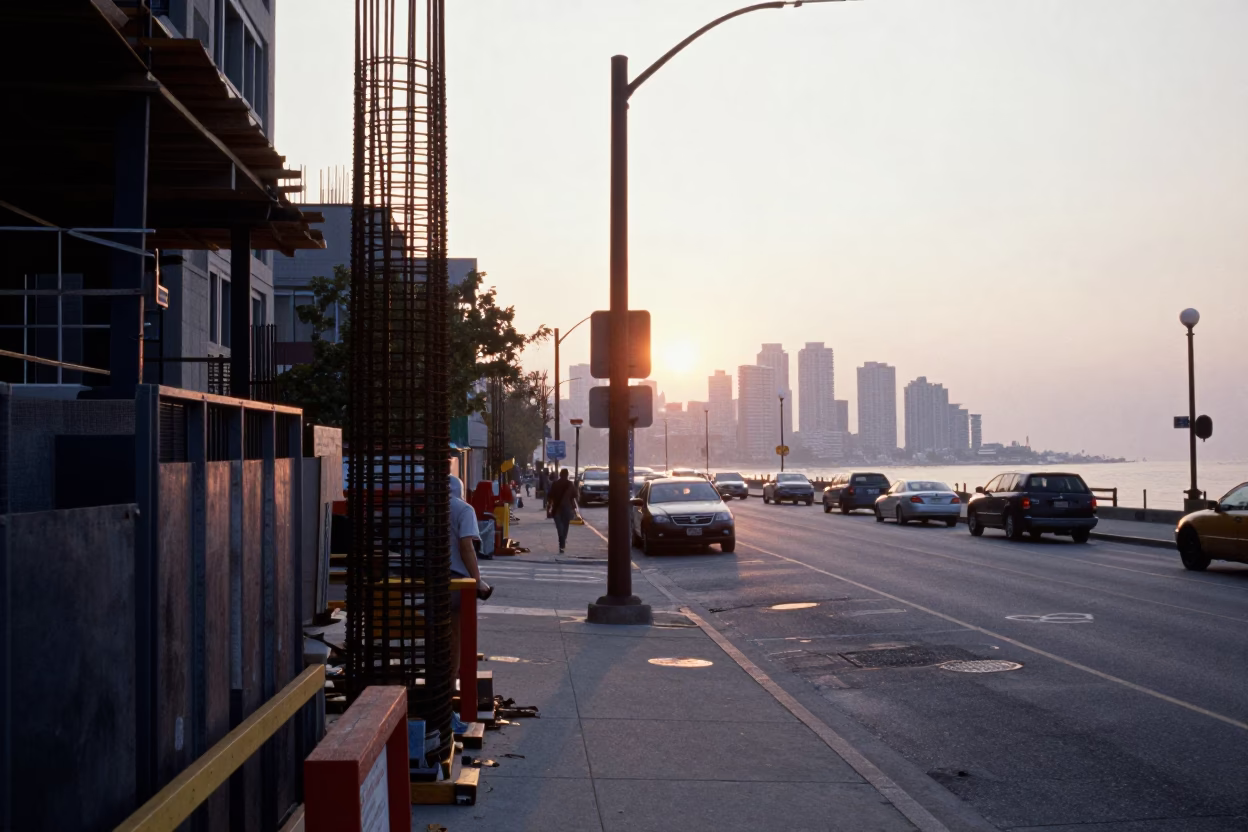 Toronto Street Scene at Sunrise with Construction Rebar and Condensation on Window Glass in in Toronto, Ontario, Canada