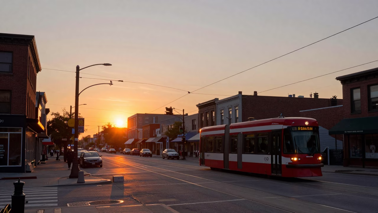 Toronto Street Scene at Sunset with Catenary Wires and Urban Transit in in Toronto, Ontario, Canada