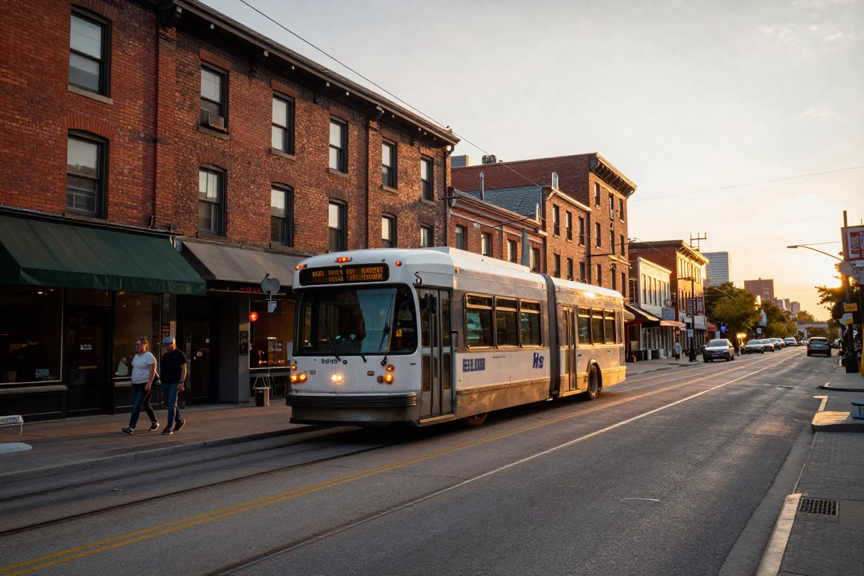 Toronto Street Scene at Sunset with Classic Bus and City Lights in in Toronto, Ontario, Canada