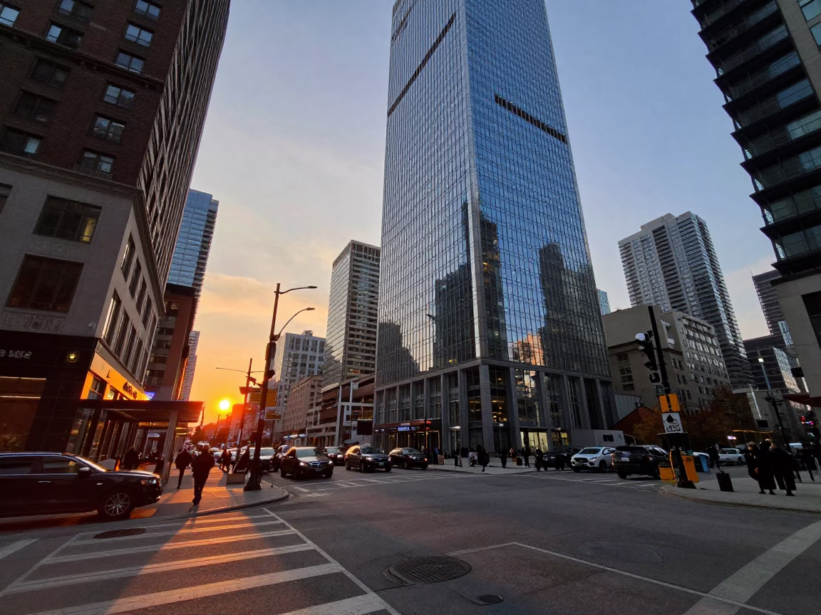Toronto Street Scene at Sunset with Construction and Urban Infrastructure in in Toronto, Ontario, Canada