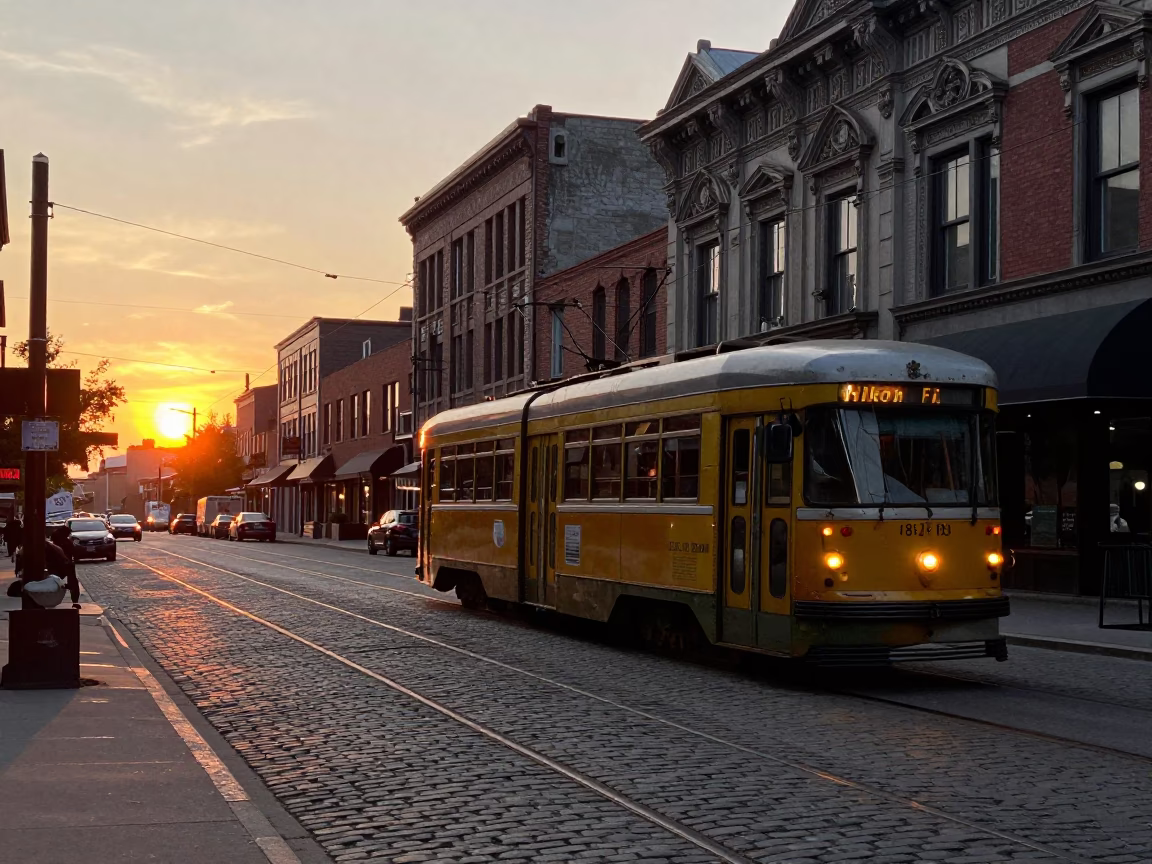 Toronto Street Scene at Sunset with Vintage Tram and Classic Architecture in in Toronto, Ontario, Canada