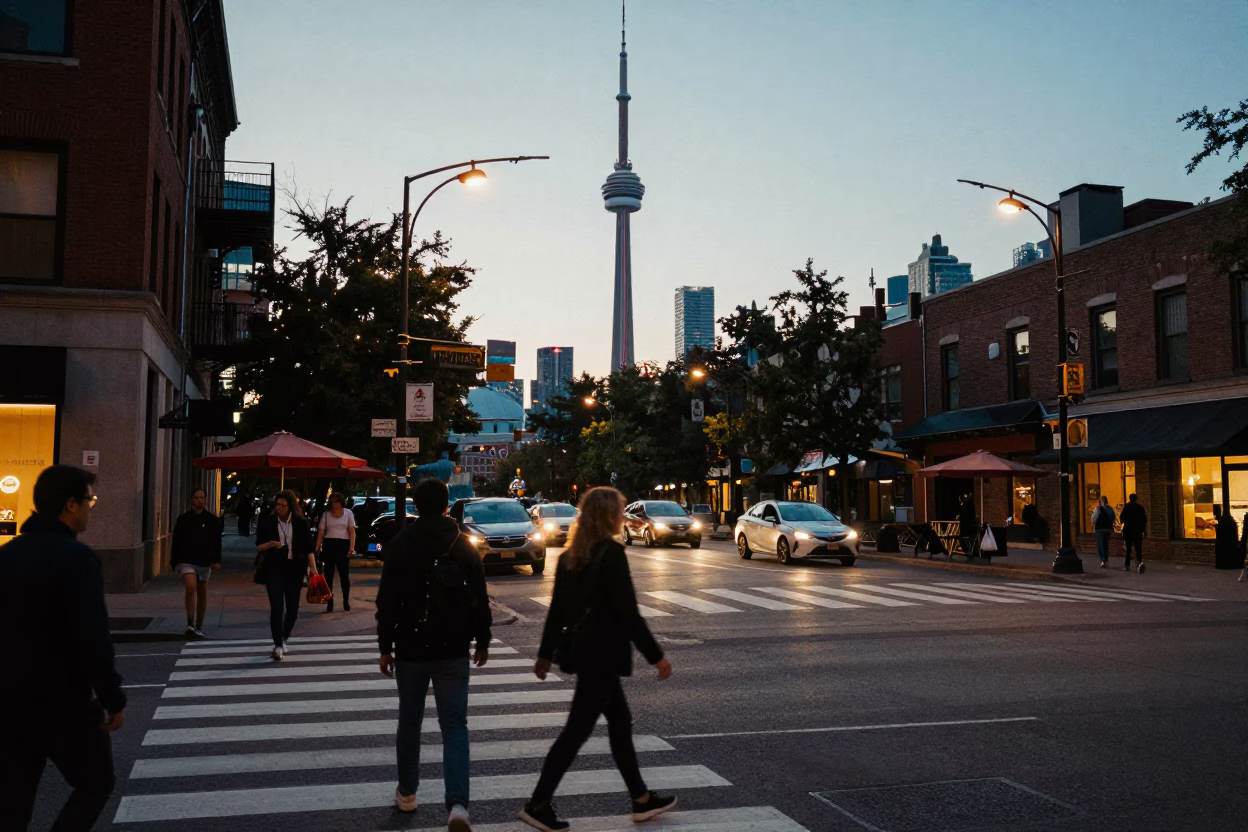 Toronto Street Scene at Twilight with Umbrellas and Urban Life in in Toronto, Ontario, Canada