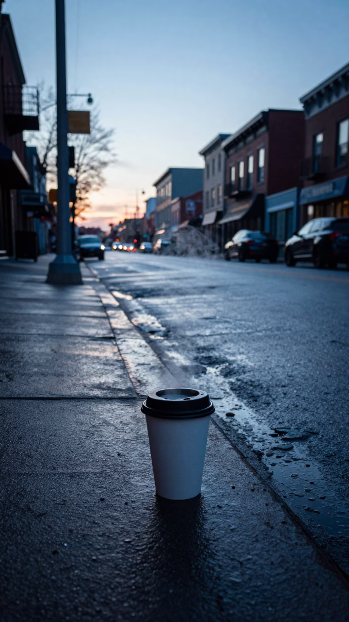 Toronto Street Scene Before Dawn With Coffee Cup And Wet Pavement in in Toronto, Ontario, Canada