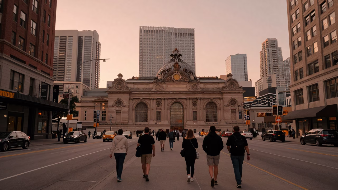 Toronto Street Scene Before Dusk with Copper Light and Urban Life in in Toronto, Ontario, Canada