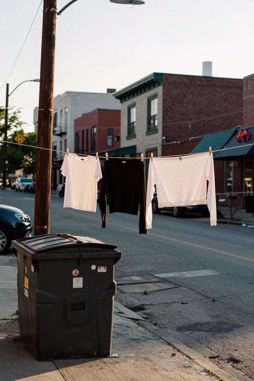 Toronto Street Scene Early Afternoon Clothesline and Dumpster Near Gutted Storefront in in Toronto, Ontario, Canada