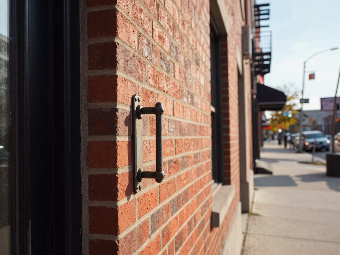 Toronto Street Scene Early Afternoon with Gate Handle and Urban Details in in Toronto, Ontario, Canada
