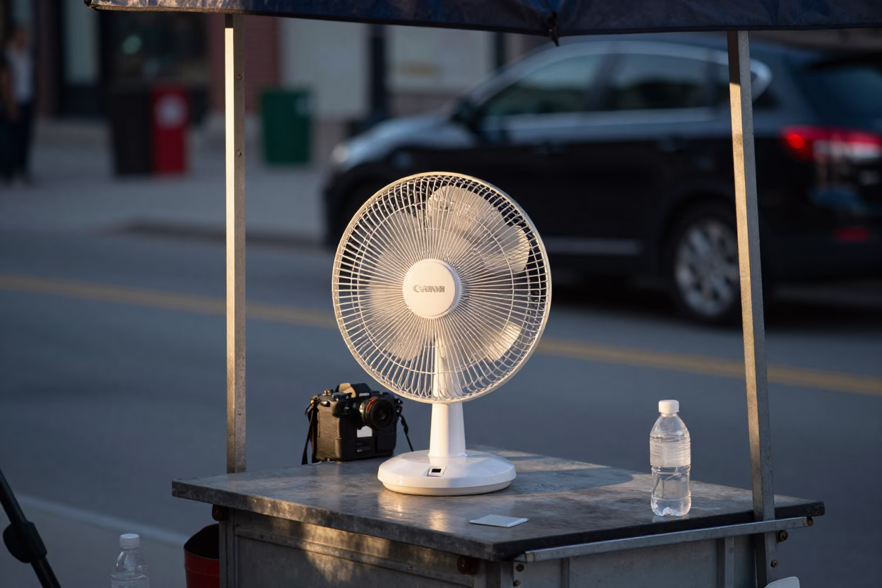Toronto Street Scene Early Evening with Table Fan and Rusty Pitcher in in Toronto, Ontario, Canada