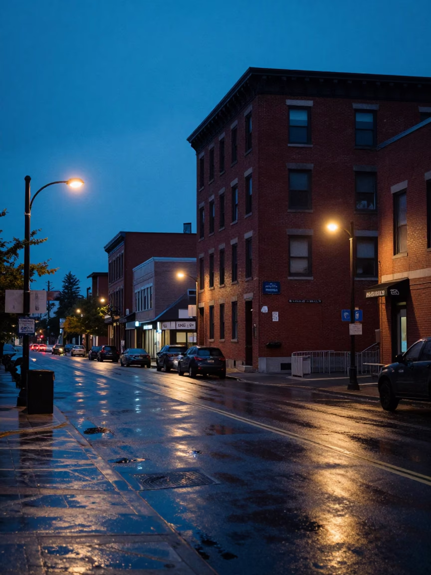Toronto Street Scene in Indigo Twilight with Wet Pavement and Urban Infrastructure in in Toronto, Ontario, Canada