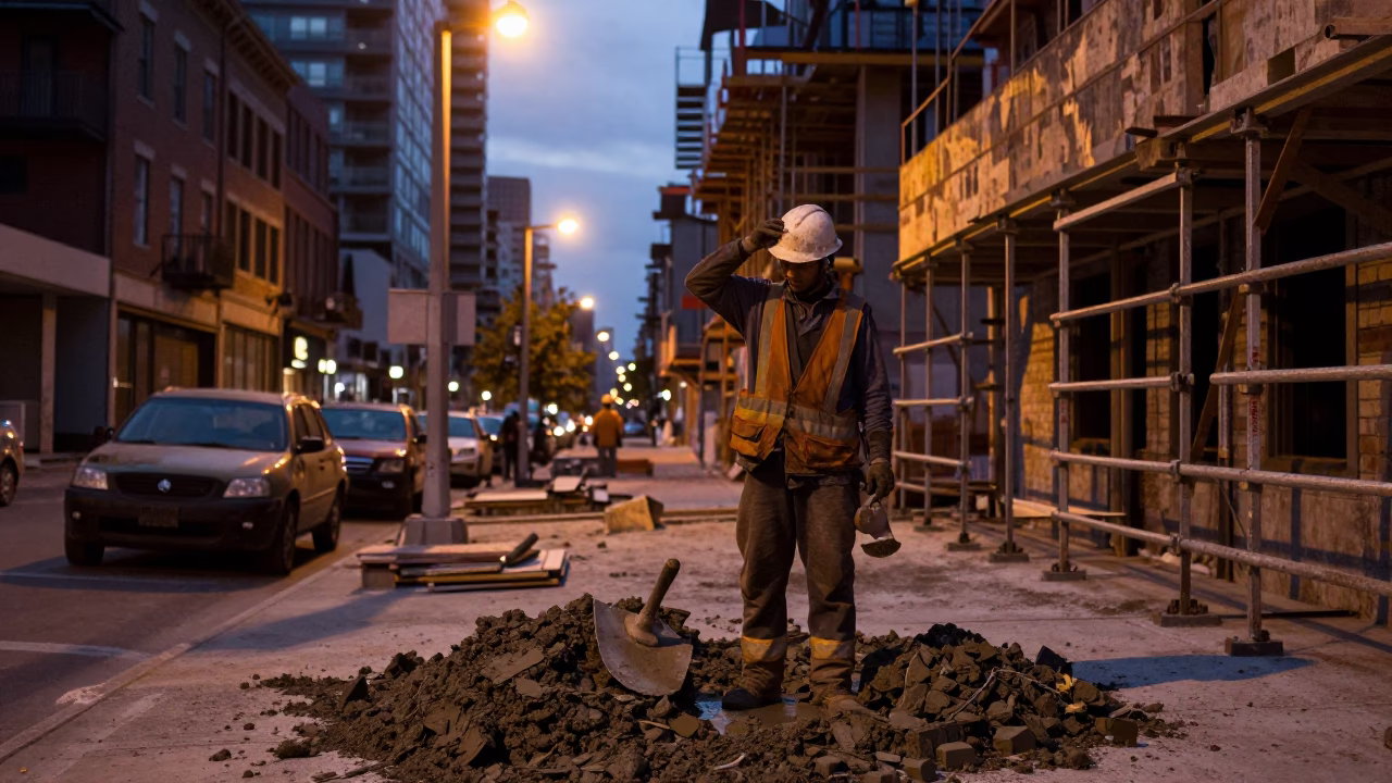 Toronto Street Scene in Predawn Darkness with Construction Work and Urban Details in in Toronto, Ontario, Canada
