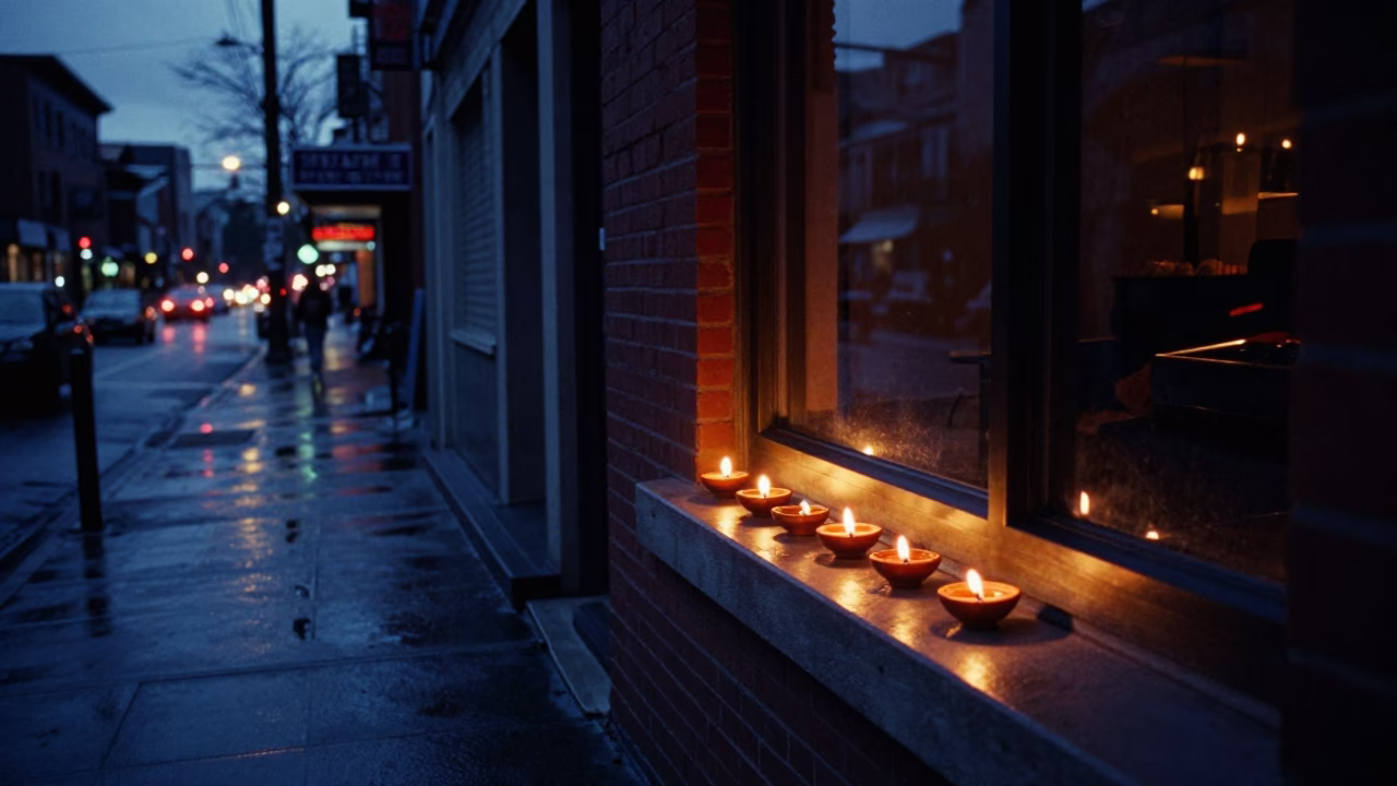 Toronto Street Scene in Predawn Darkness with Diwali Oil Lamps in in Toronto, Ontario, Canada