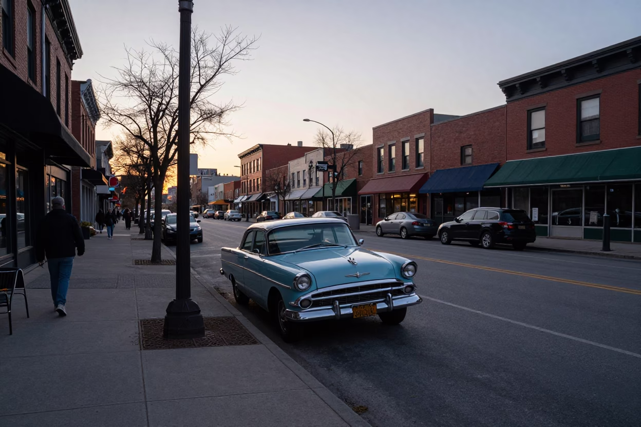 Toronto Street Scene Just After Sunrise With Vintage 1950s Charm And Local Details in in Toronto, Ontario, Canada