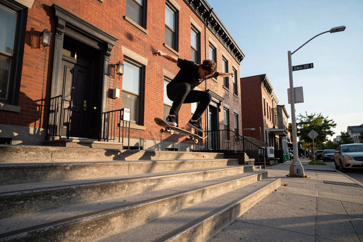 Toronto Street Scene Late Afternoon Light Skateboarder and Urban Details in in Toronto, Ontario, Canada
