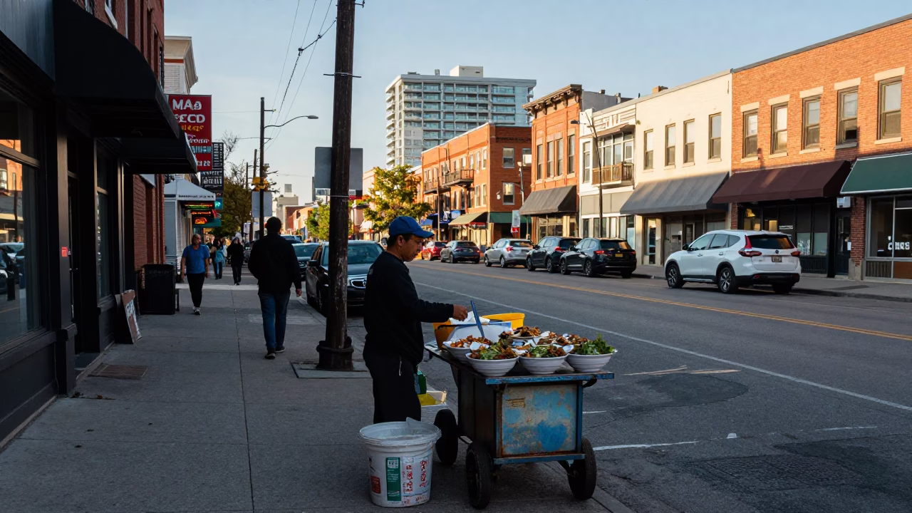 Toronto Street Scene Late Afternoon Light with Local Street Food and Urban Details in in Toronto, Ontario, Canada