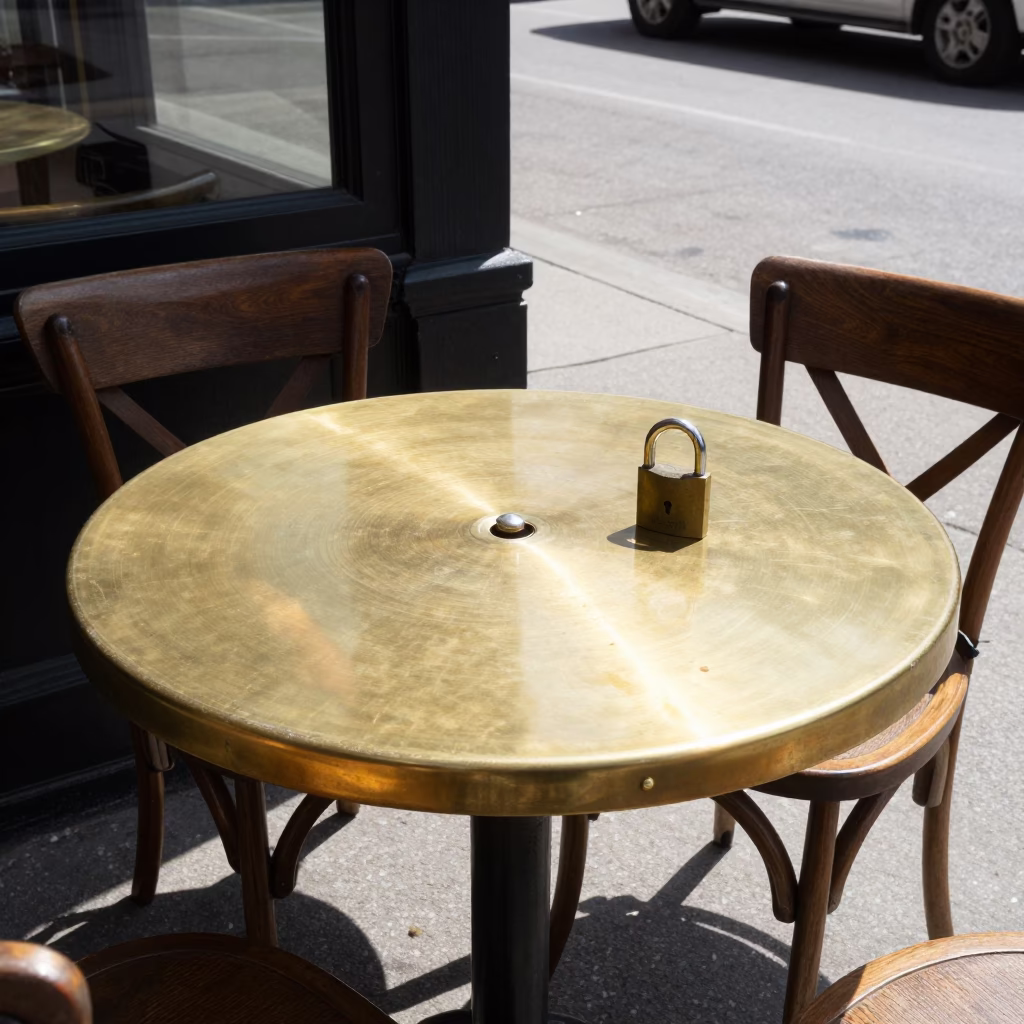 Toronto Street Scene Midday with Brass Tabletop and Padlock Detail in in Toronto, Ontario, Canada