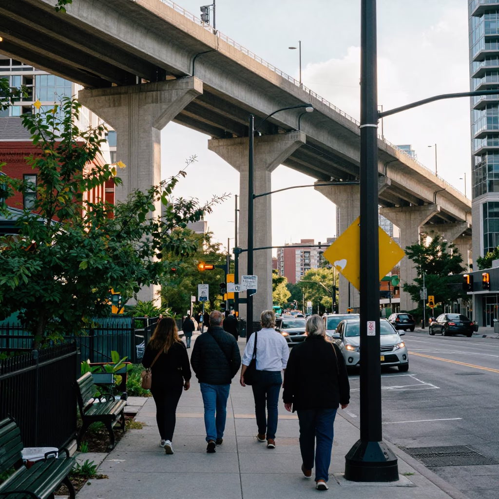Toronto street scene with concrete viaduct and urban life in early afternoon light in in Toronto, Ontario, Canada