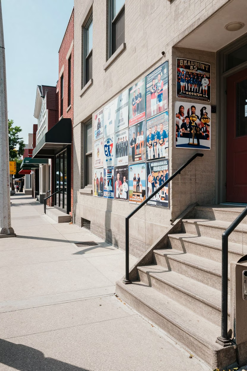 Toronto Street Scene with Faded Championship Photos and Local Life in Bright Midmorning Light in in Toronto, Ontario, Canada