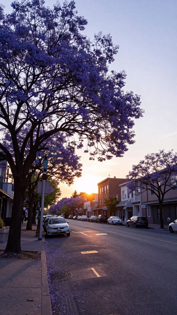 Toronto street scene with jacaranda tree in purple bloom at sunset in in Toronto, Ontario, Canada
