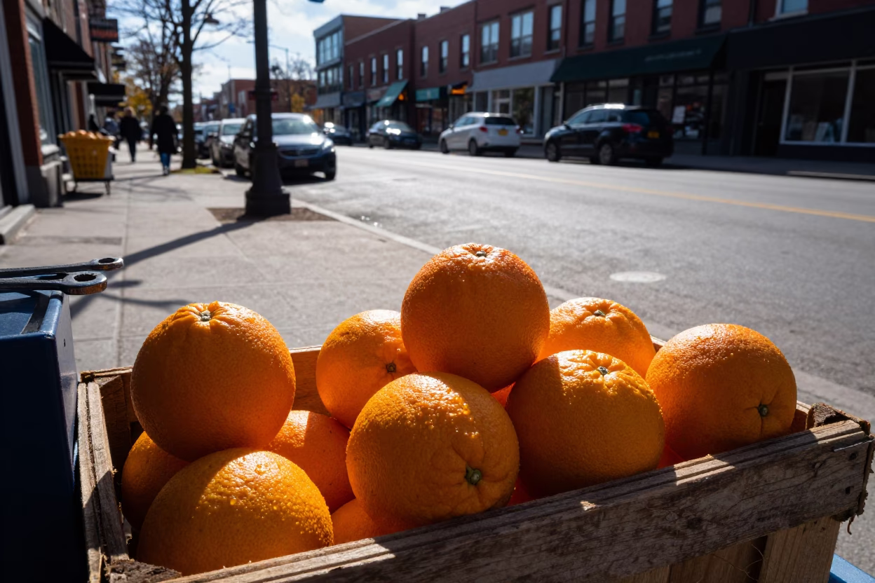 Toronto Street Scene with Oranges and Socket Wrench in Late Afternoon Light in in Toronto, Ontario, Canada