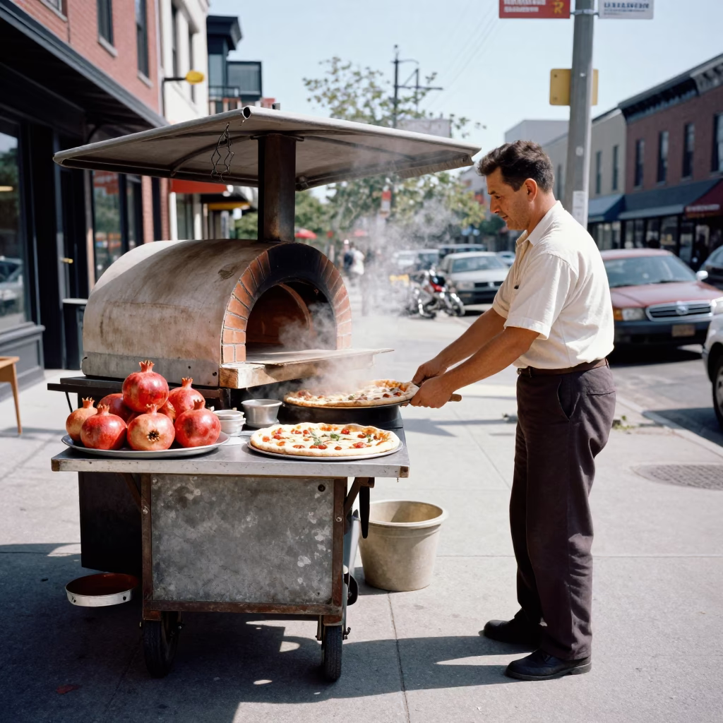 Toronto Street Scene with Pomegranate and Pizza Vendor in Bright Morning Light in in Toronto, Ontario, Canada